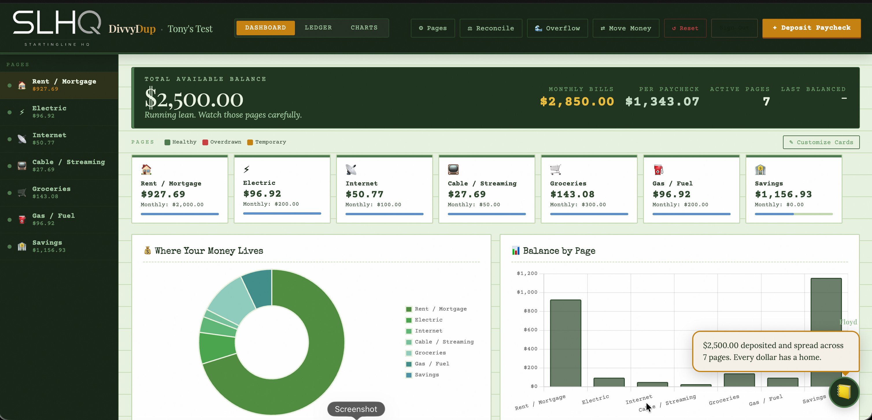DivvyDup dashboard — the green ledger vibe brought into the digital age