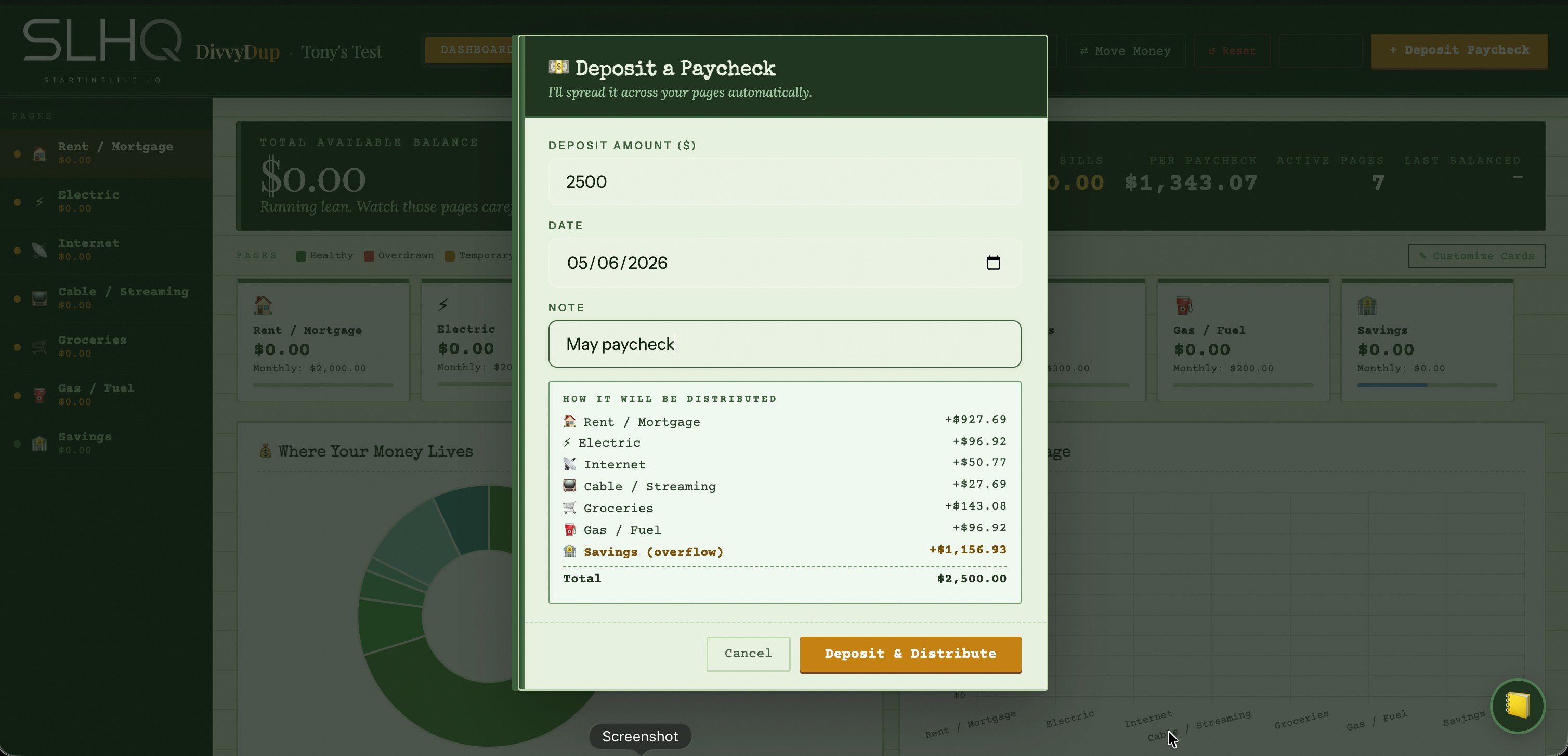 Depositing a paycheck and distributing it across pages in DivvyDup