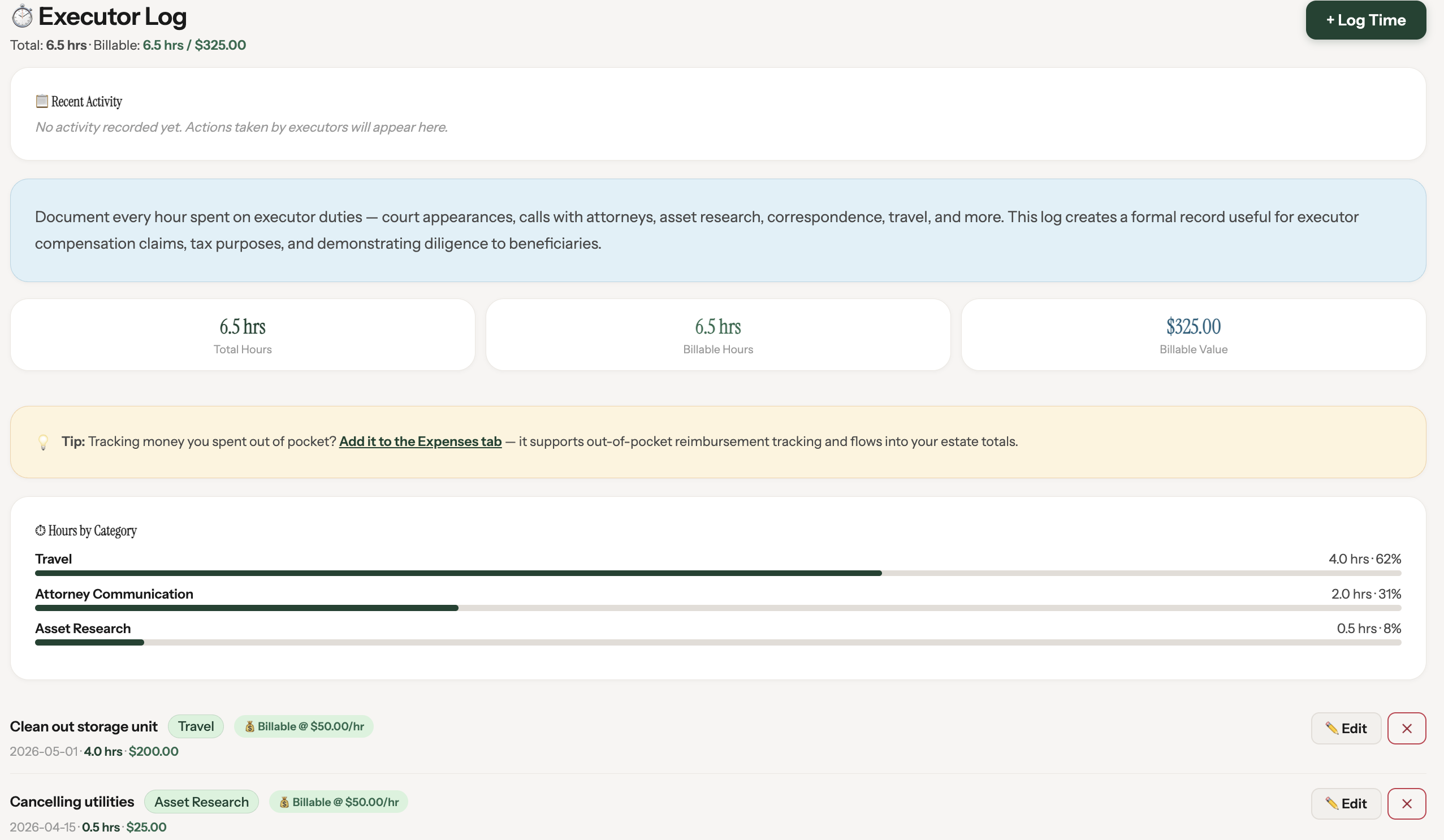 EstatePal executor time log tracking hours spent on estate duties for compensation and diligence records
