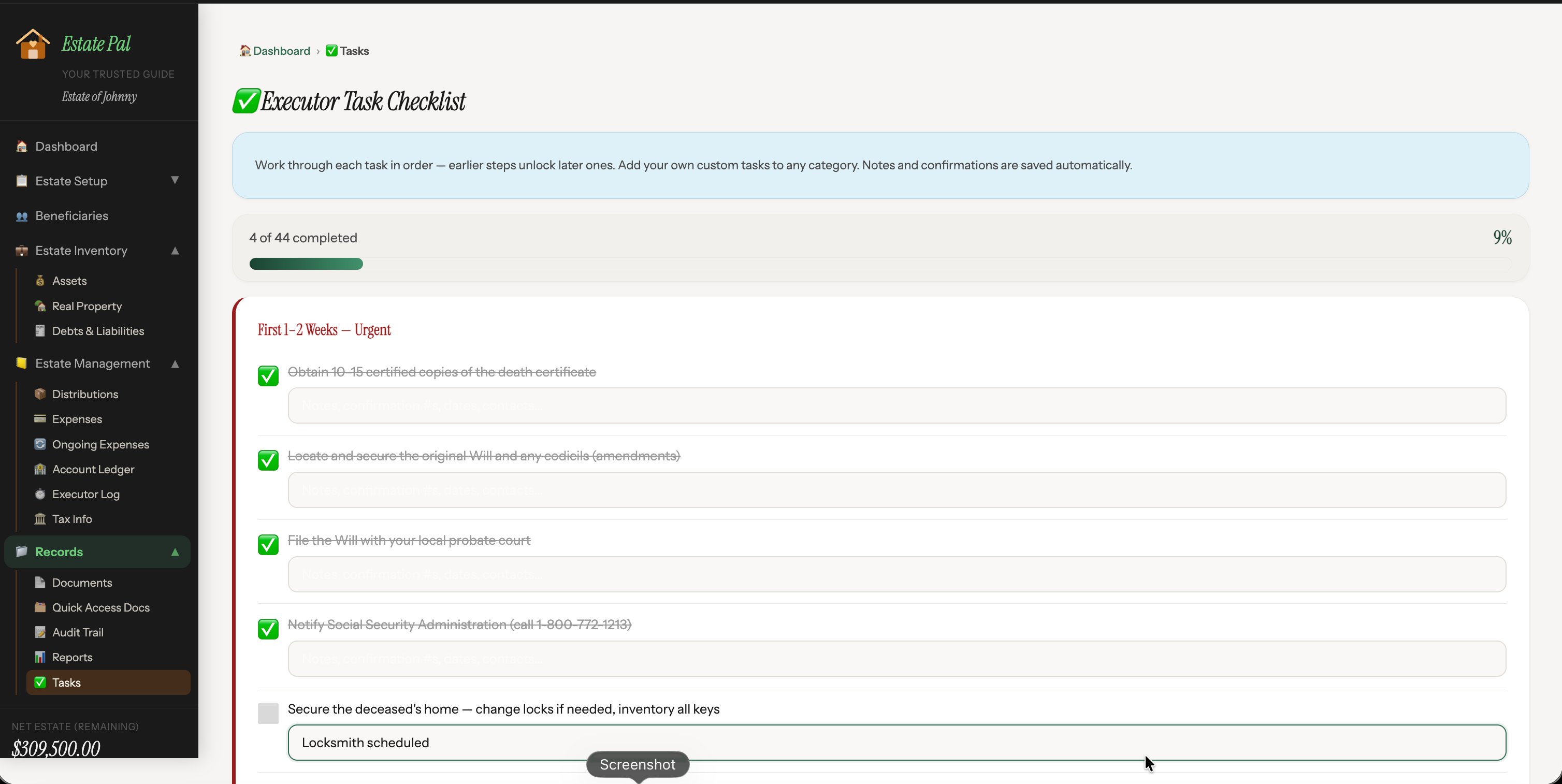EstatePal checklist view with deadlines and task tracking