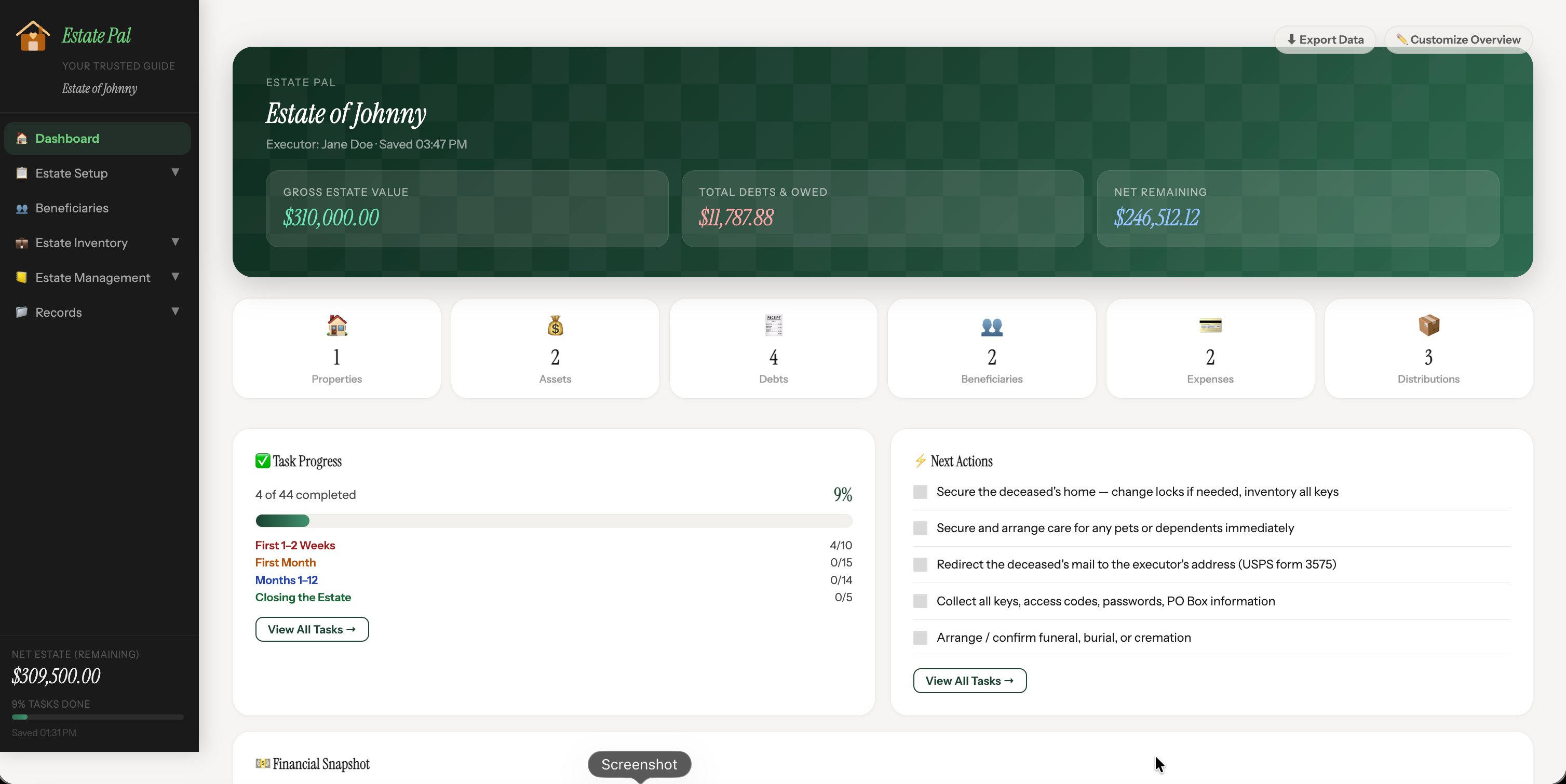 EstatePal dashboard — everything about an estate organized in one place