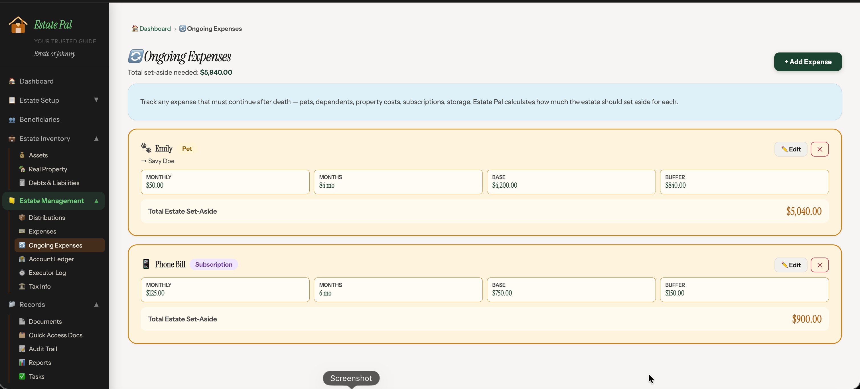 EstatePal expenses ledger tracking estate account activity