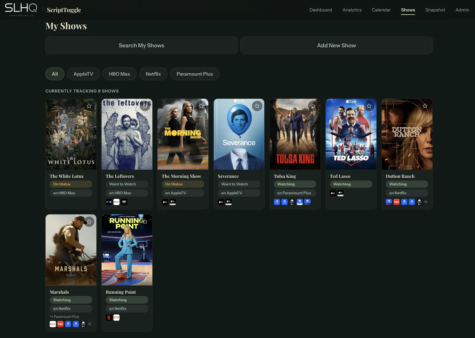 ScriptToggle My Shows view tracking TV shows across streaming services, each with its watch status and which service it is on.