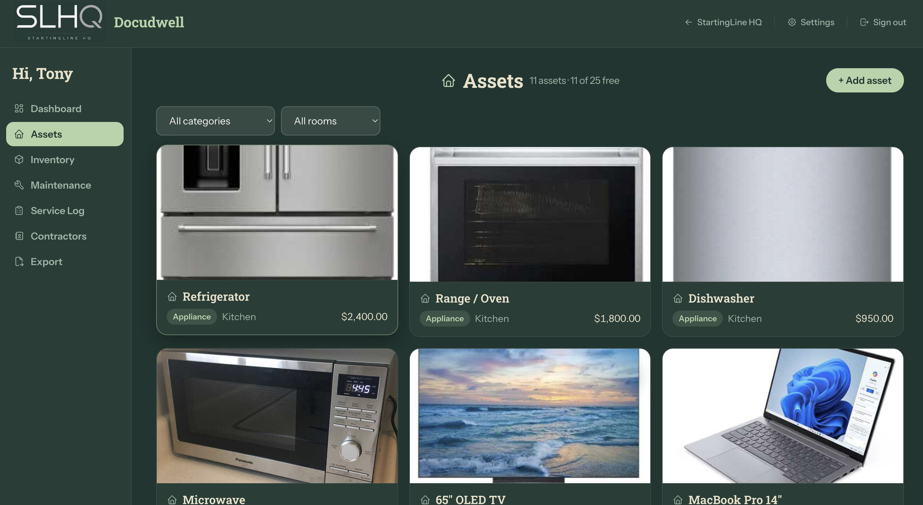Docudwell asset record showing photos, serial numbers, receipts, and service history