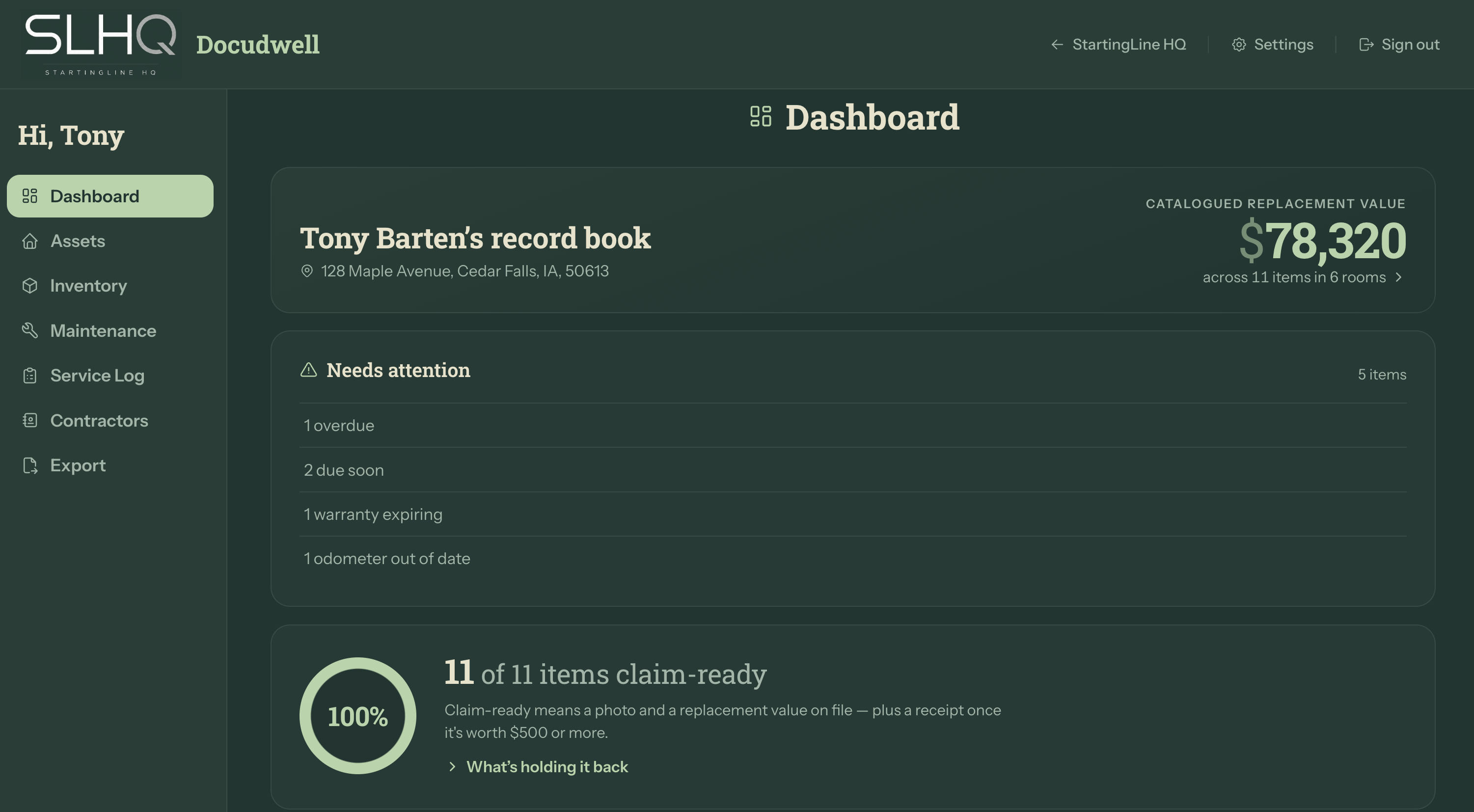 Docudwell dashboard showing home and vehicle records with claim-readiness and maintenance status